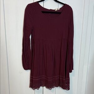 Roxy Deep Red Burgundy Long Sleeve Dress - Lace Accents - Small